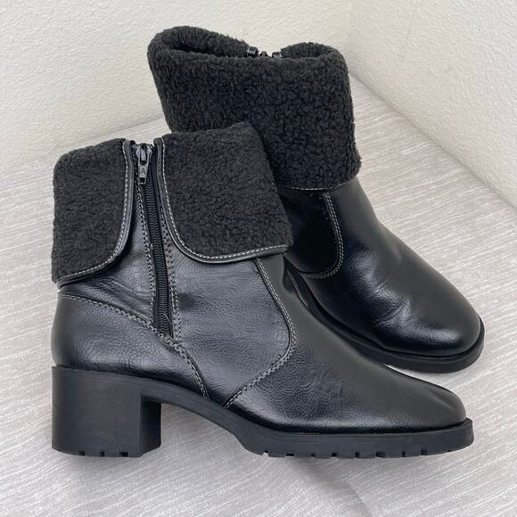 Aerosoles Faux Fur Cuff Black Chunky Ankle Boots Womens 9.5M Winter Warm Comfort - Picture 1 of 9